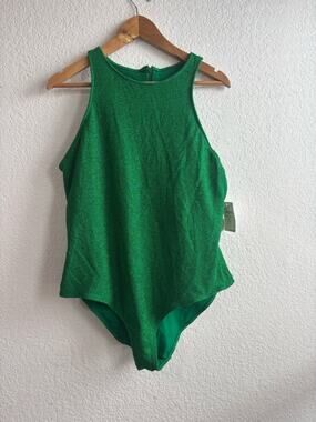 Good American Green Glitter One-Piece Bodysuit Green Halter Neck Size 6 2XL